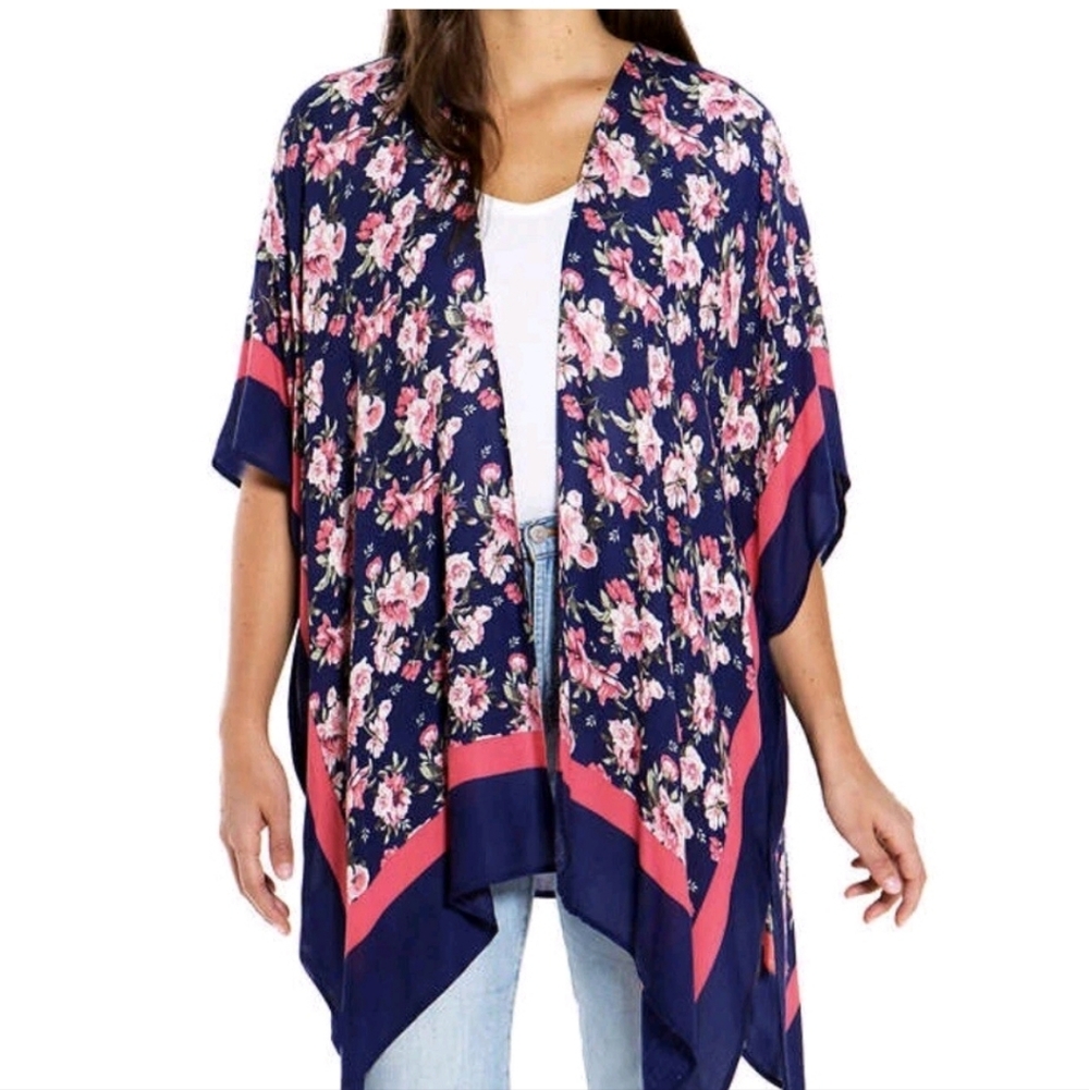 Mario Serrani Navy Floral Kimono with Pink and Cream Blooms